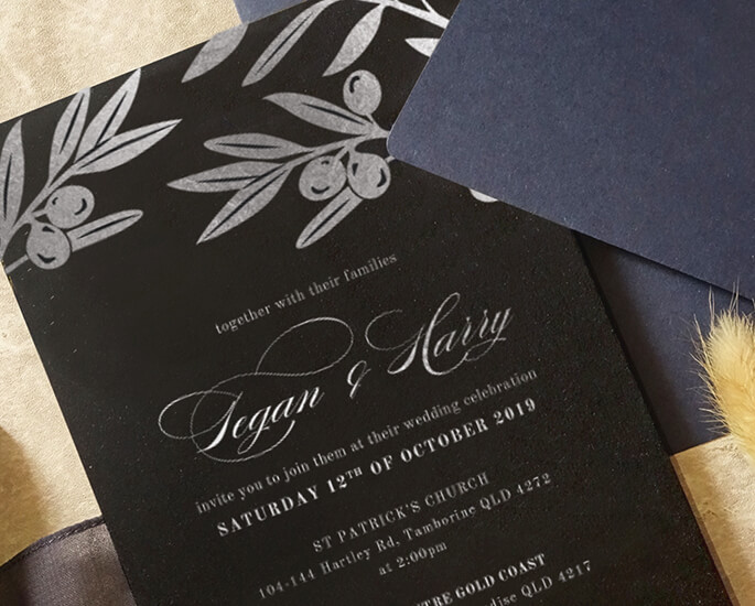 Black Matte wedding invitation pressedfoil silver